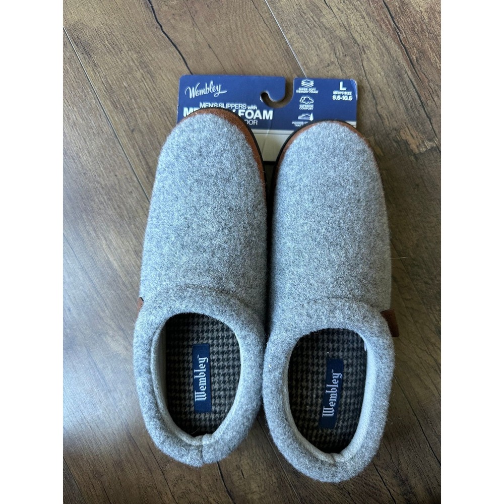 Wembley Slippers Mens L 9.5-10.5 Memory Foam Indoor Outdoor Gray Brown